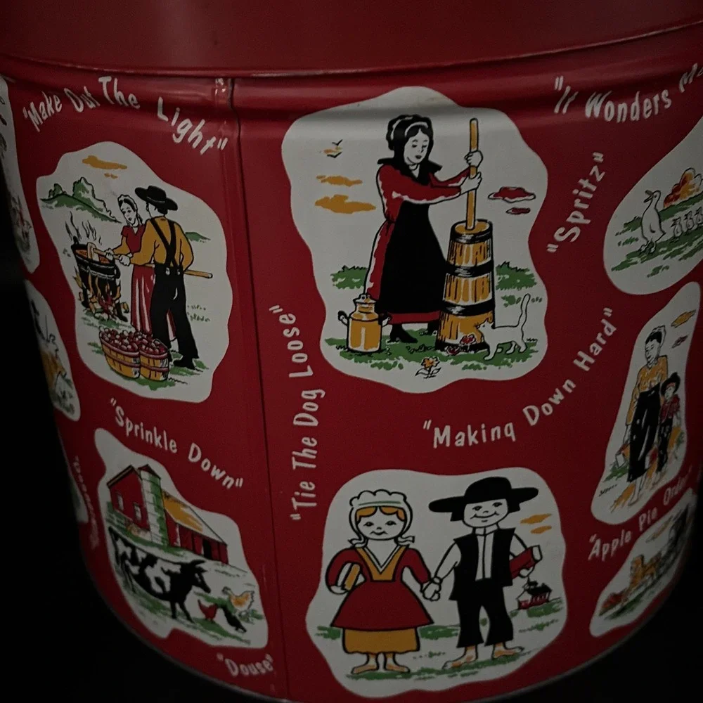 Pretzel Tin & Tray Dutch Red Vtg Farmhouse Boho Cottage Amish Storage Container
